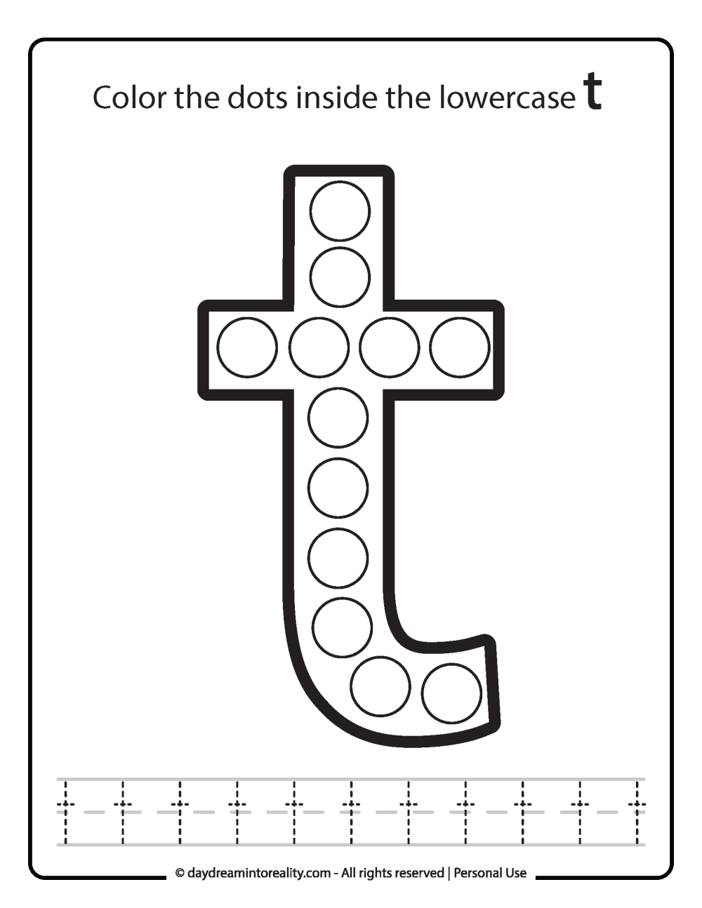 Lowercase "t" Dot Marker Worksheet Free Printable activity for kids (preschool, kindergarten)