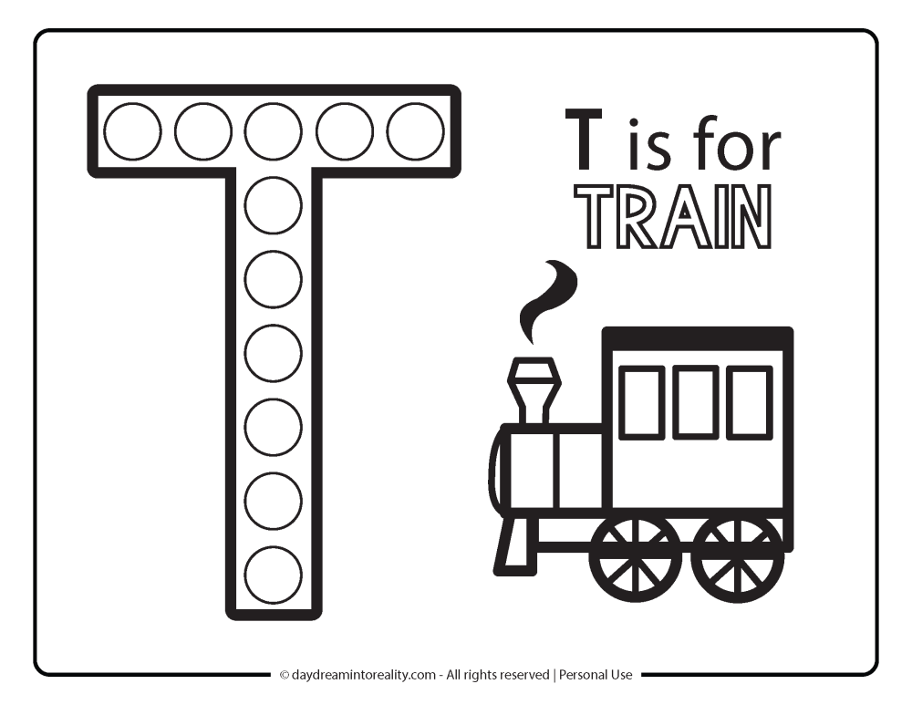 Letter "T" Dot Marker Worksheet Free Printable activity for kids (preschool, kindergarten). T IS FOR TRAIN