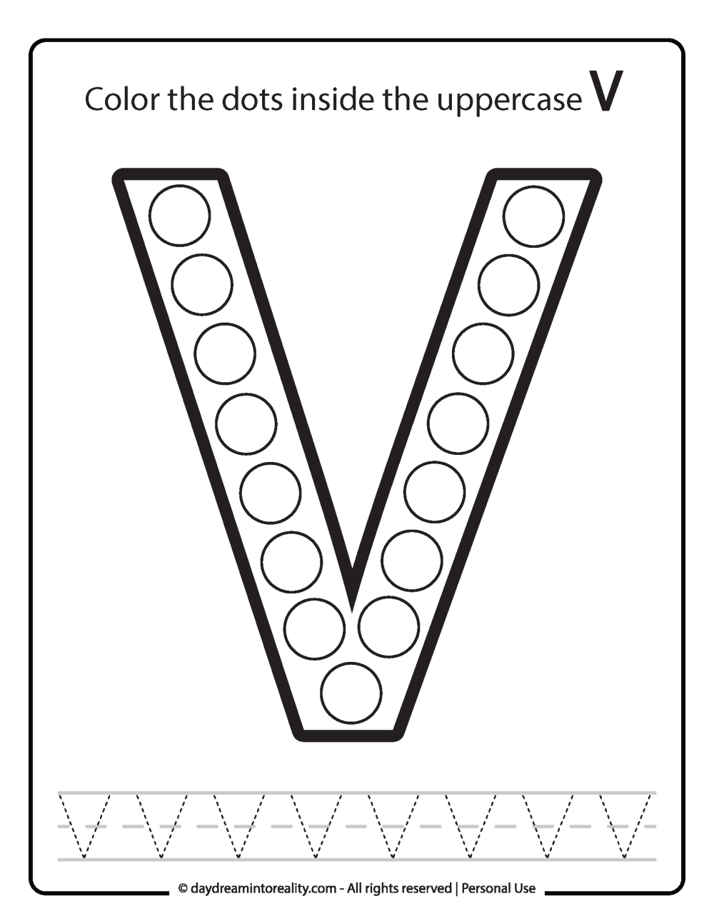 Uppercase "V" Dot Marker Worksheet Free Printable activity for kids (preschool, kindergarten)