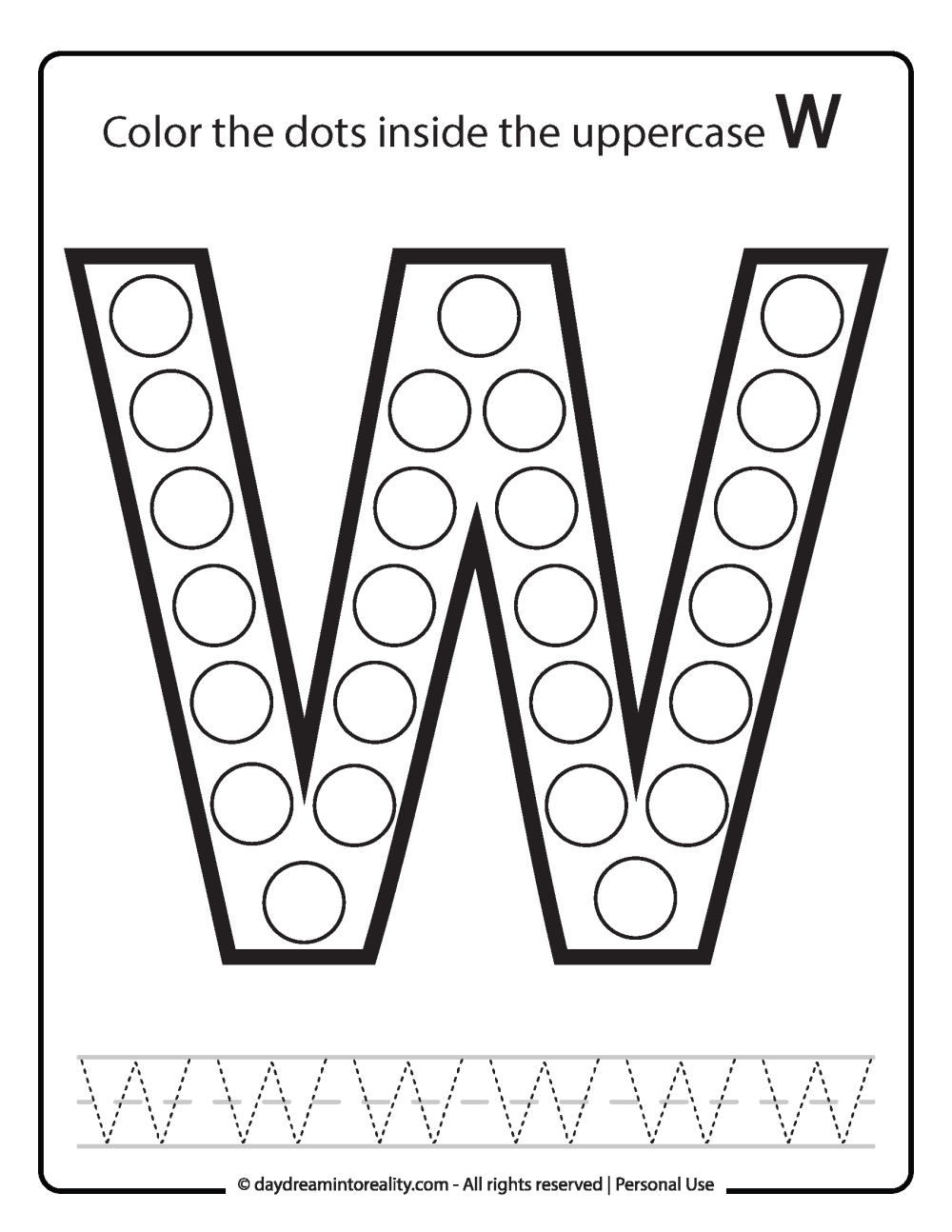 Uppercase "w" Dot Marker Worksheet Free Printable activity for kids (preschool, kindergarten)