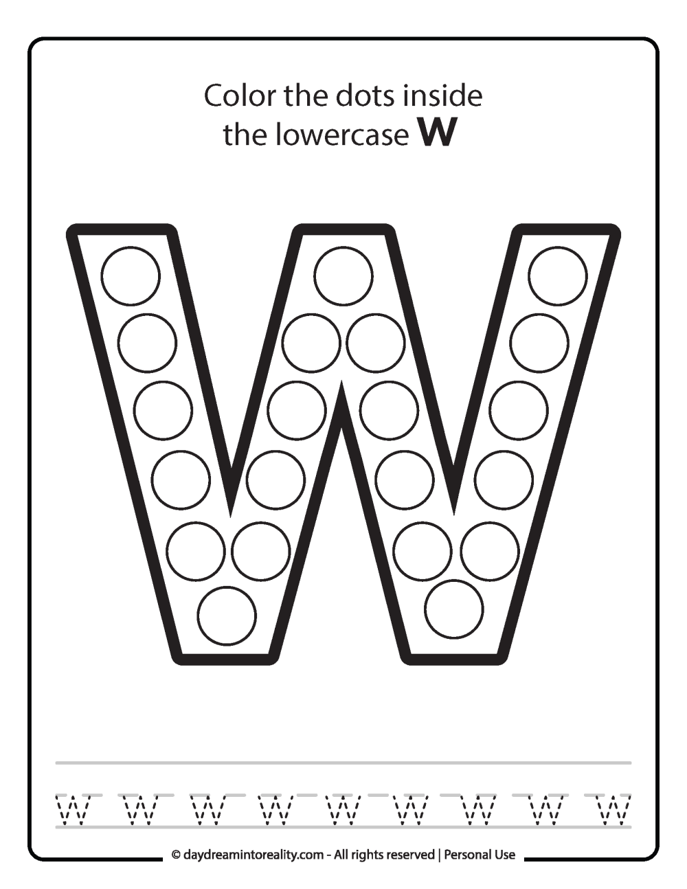 Lowercase "w" Dot Marker Worksheet Free Printable activity for kids (preschool, kindergarten)