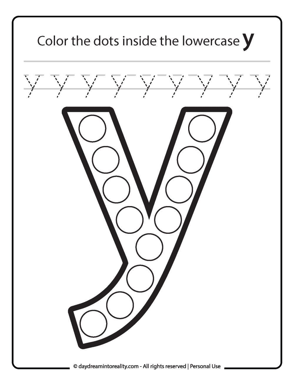 Lowercase "y" Dot Marker Worksheet Free Printable activity for kids (preschool, kindergarten)