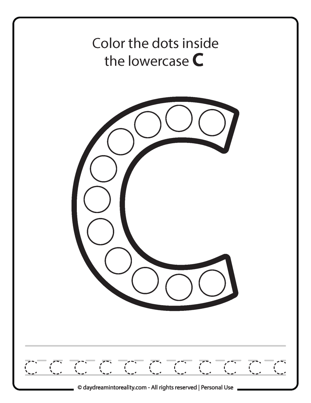 Lowercase "c" Dot Marker Worksheet Free Printable activity for kids (preschool, kindergarten)