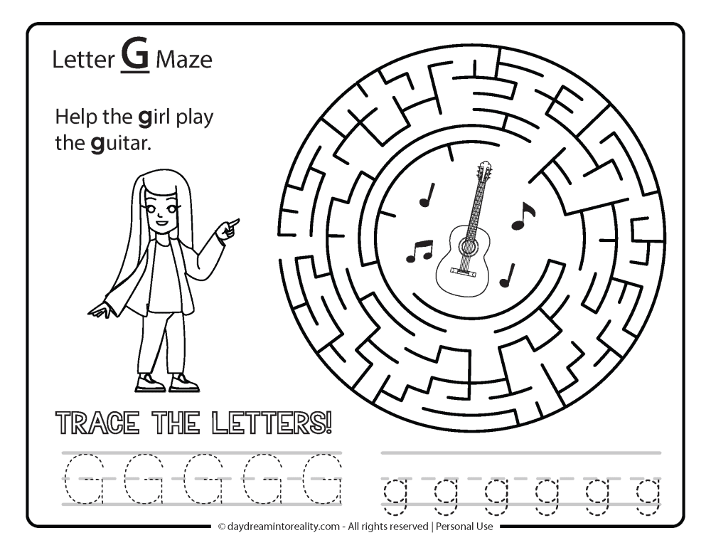 Letter "G" Maze Free Printable - help the girl play the guitar