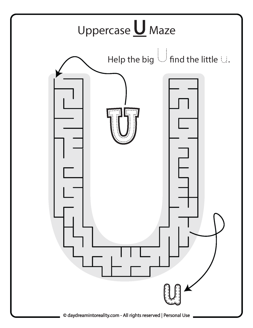 Uppercase "U" Maze Free Printable