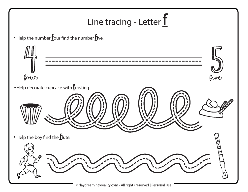 Letter F Free Printable. Line tracing.