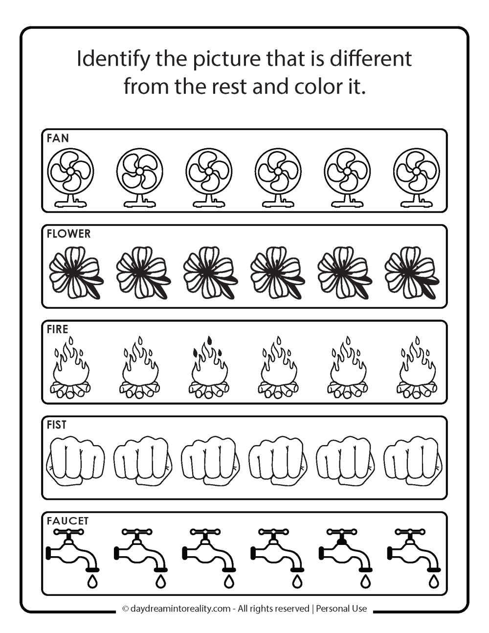 Letter F Free Printable. Find the different object activity.