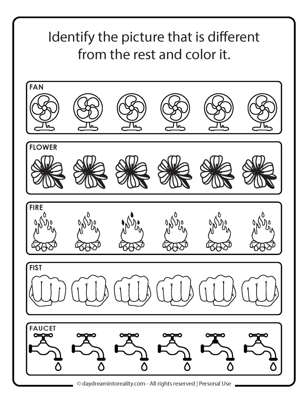 Letter F Free Printable. Find the different object activity.