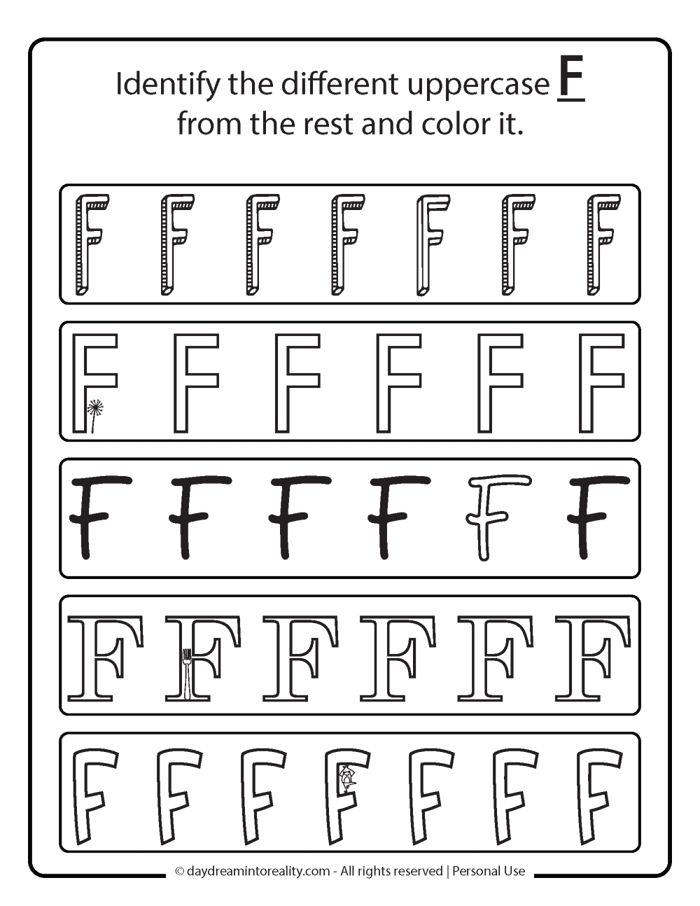 Letter F Free Printable. Find the different uppercase F.