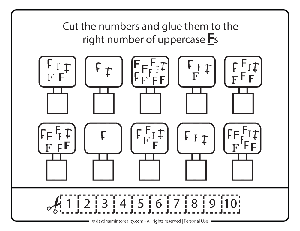 Uppercase F letter and number recognition Free Printable