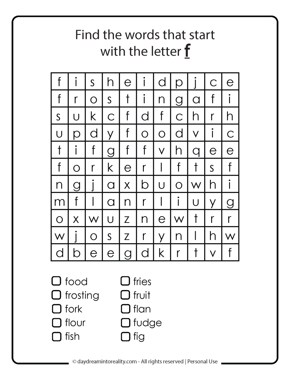 Word search with things that start with the Letter F Free Printable