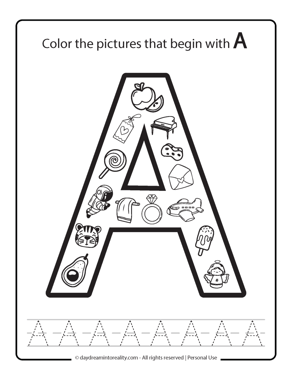 Color the picture that starts with the letter "A (uppercase)" Beginning Alphabet Sounds Worksheet Free Printable