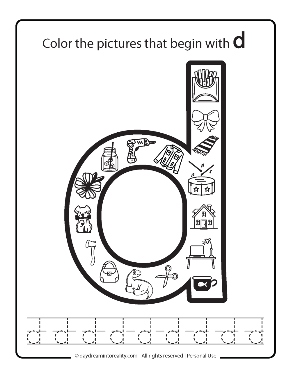 Color the picture that starts with the letter d (lowercase)" Beginning Alphabet Sounds Worksheet Free Printable