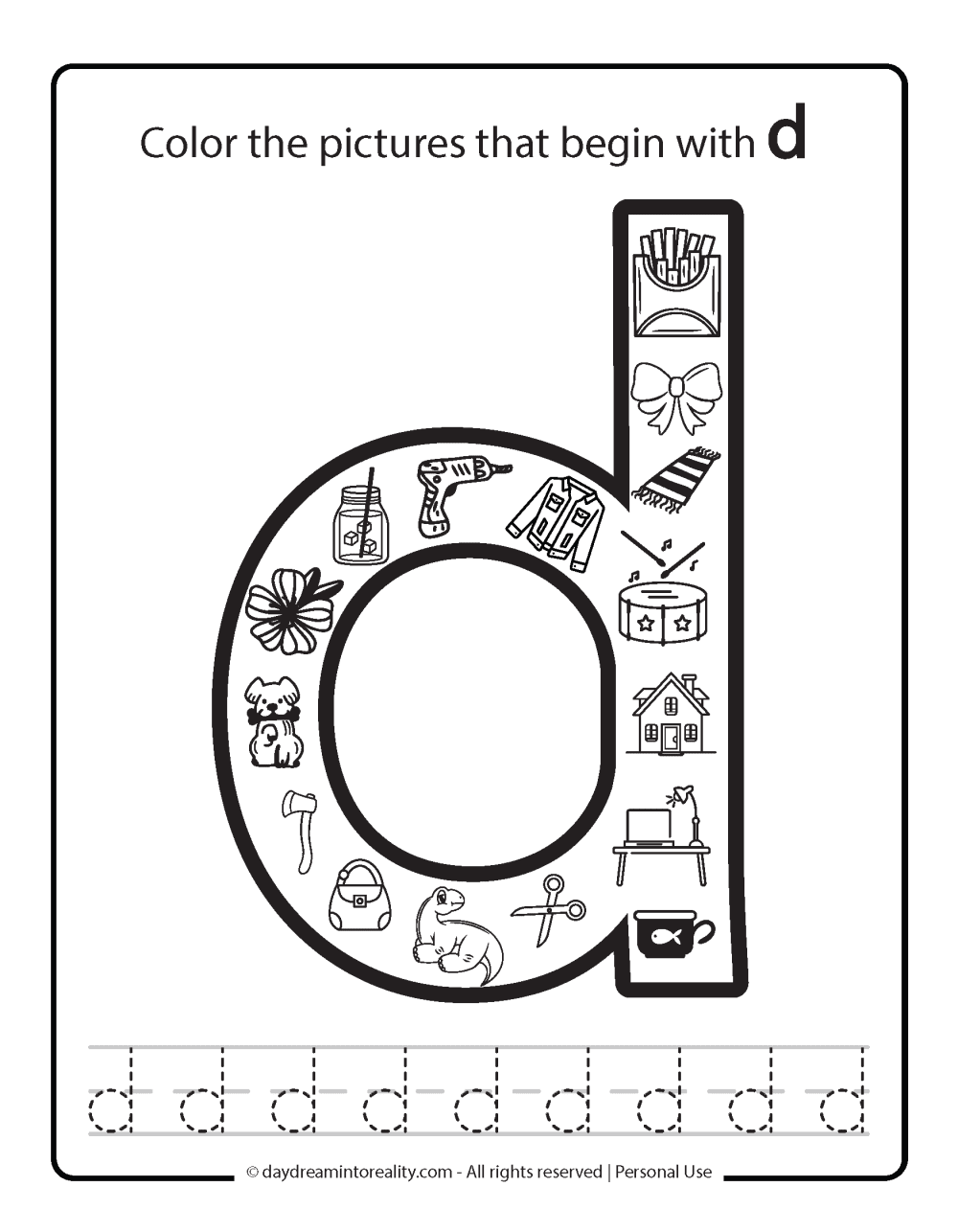 Color the picture that starts with the letter d (lowercase)" Beginning Alphabet Sounds Worksheet Free Printable