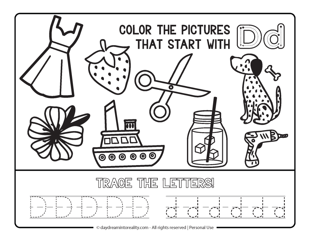 Color the picture that starts with the letter "d" Beginning Alphabet Sounds Worksheet Free Printable