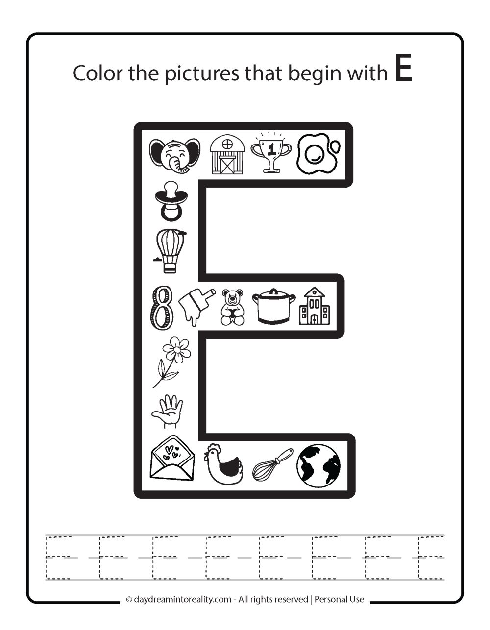 Color the picture that starts with the letter "E (uppercase)" Beginning Alphabet Sounds Worksheet Free Printable