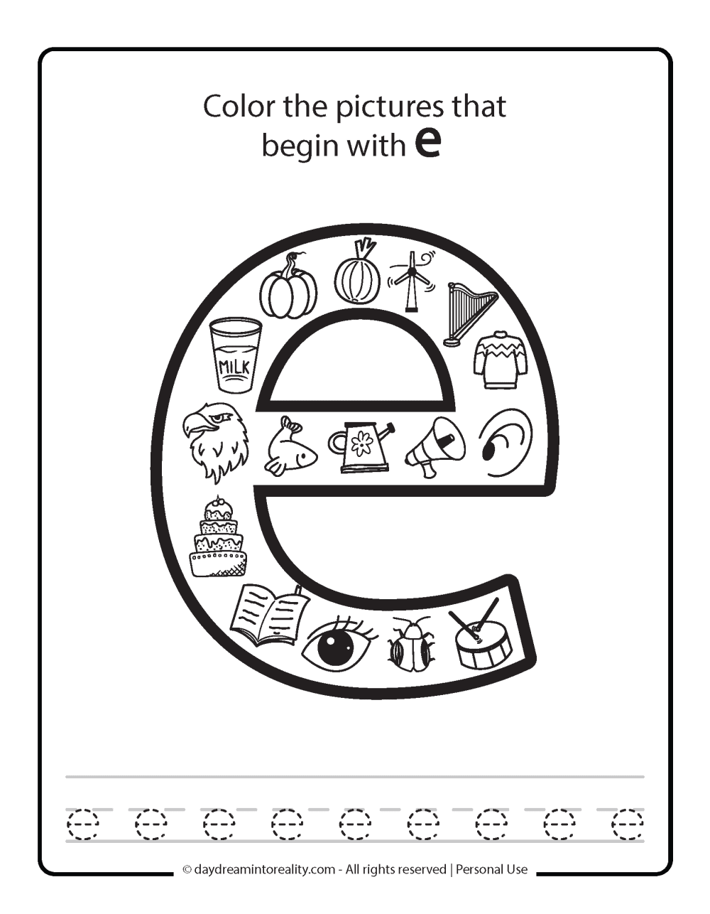 Color the picture that starts with the letter "e (lowercase)" Beginning Alphabet Sounds Worksheet Free Printable