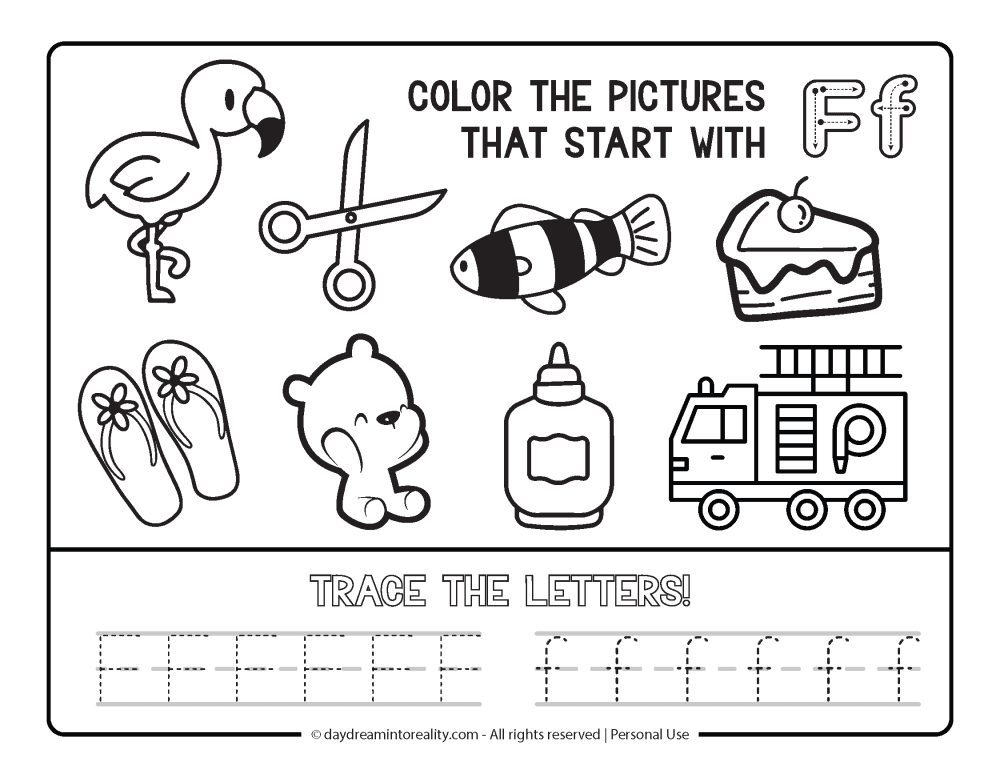 Color the picture that starts with the letter "f" Beginning Alphabet Sounds Worksheet Free Printable