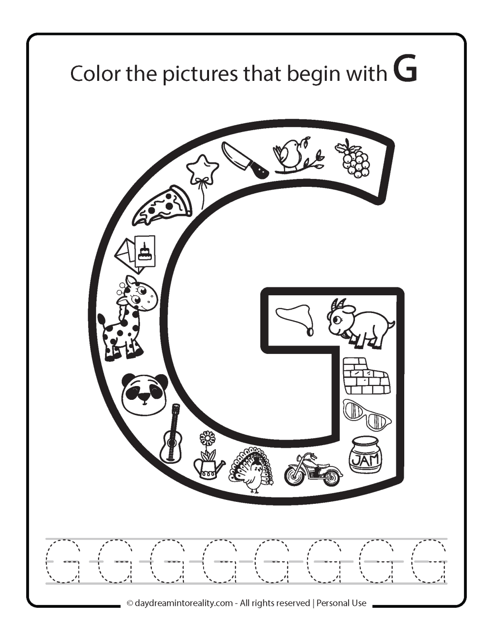 Color the picture that starts with the letter "G (uppercase)" Beginning Alphabet Sounds Worksheet Free Printable