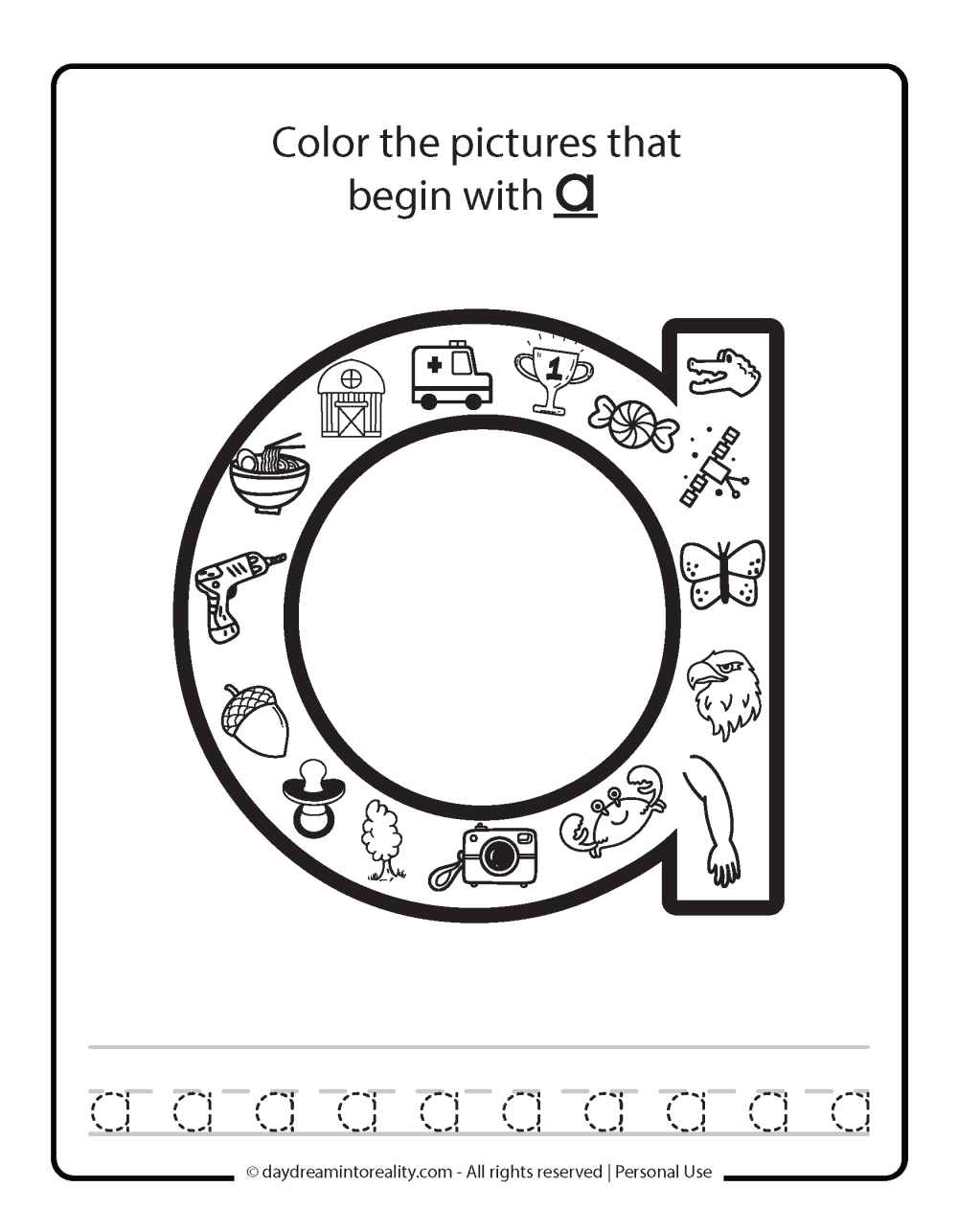 Color the picture that starts with the letter "a (lowercase)" Beginning Alphabet Sounds Worksheet Free Printable