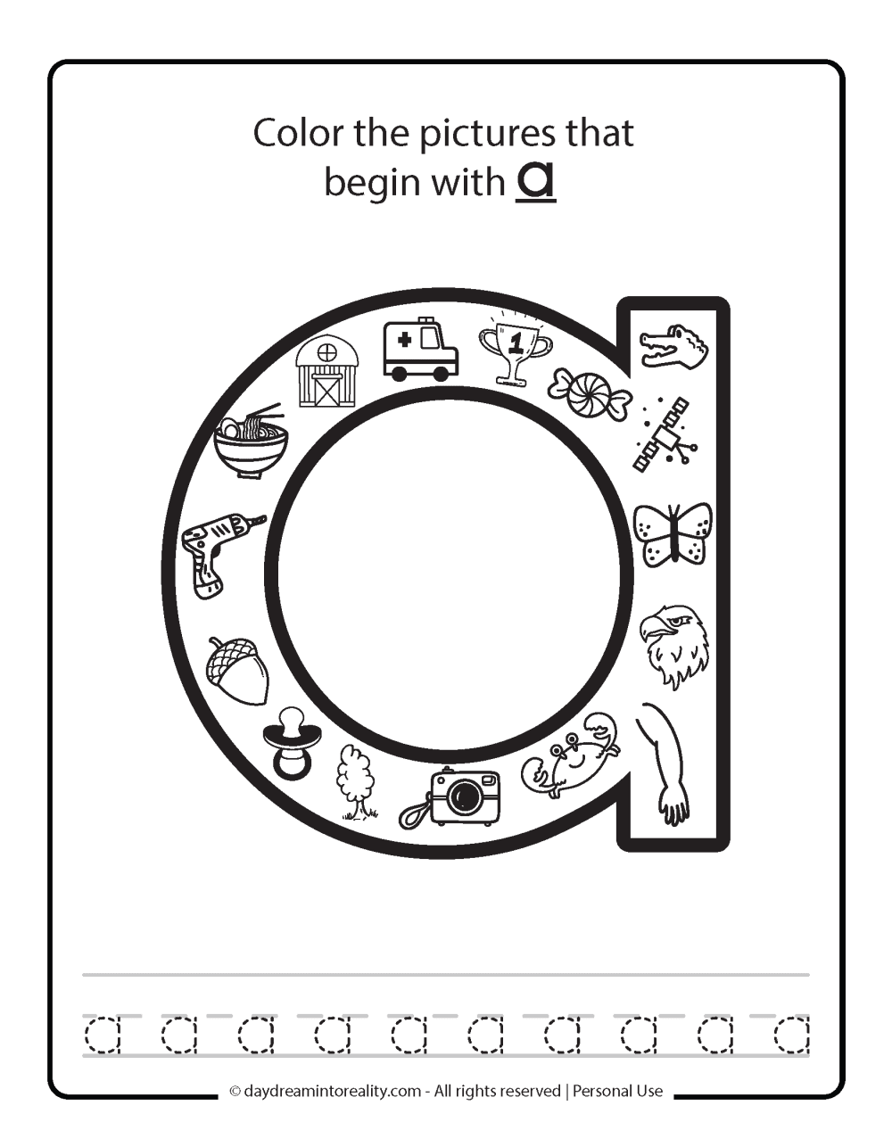 Color the picture that starts with the letter "a (lowercase)" Beginning Alphabet Sounds Worksheet Free Printable