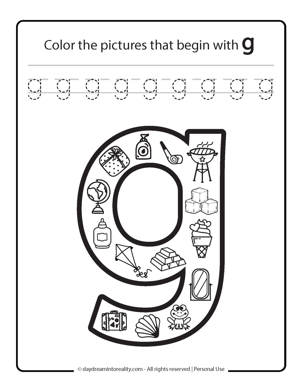 Color the picture that starts with the letter "g (lowercase)" Beginning Alphabet Sounds Worksheet Free Printable