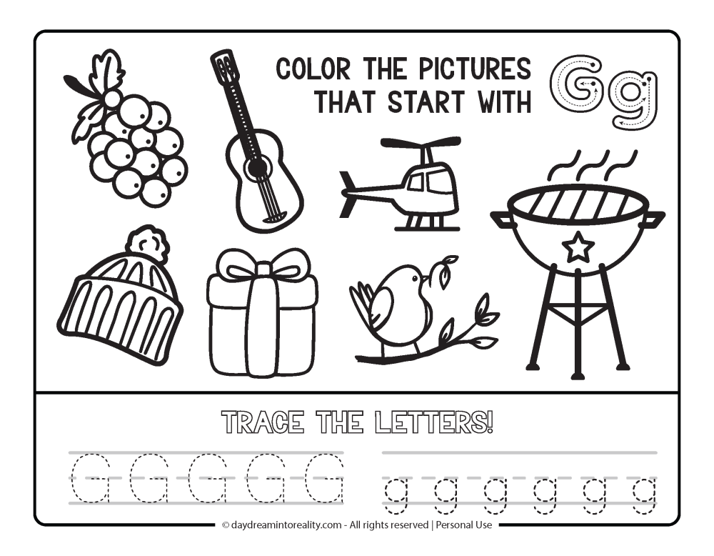 Color the picture that starts with the letter "g" Beginning Alphabet Sounds Worksheet Free Printable