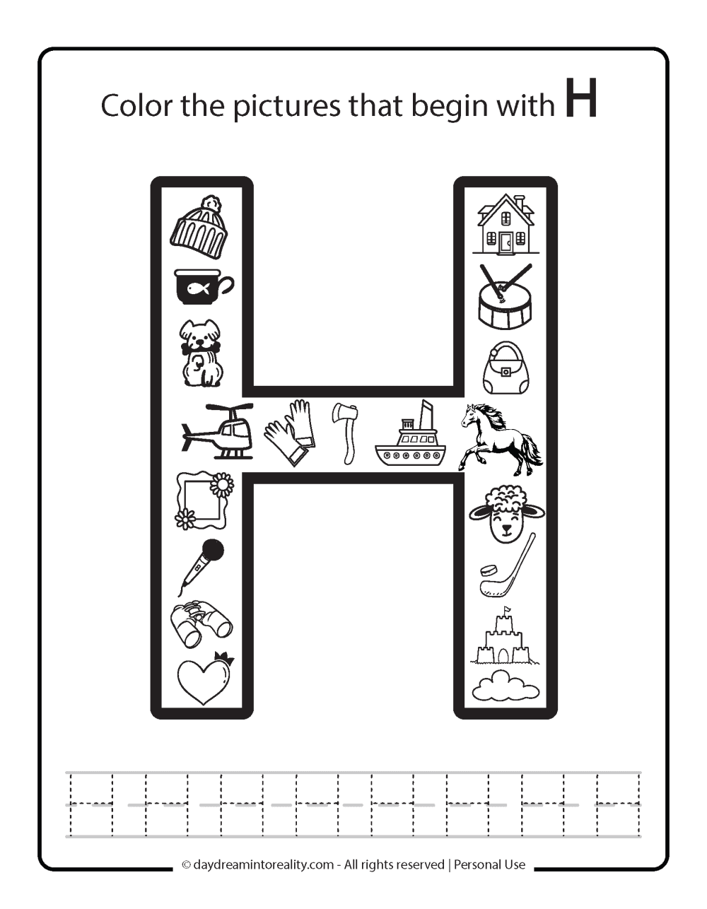 Color the picture that starts with the letter "H (uppercase)" Beginning Alphabet Sounds Worksheet Free Printable