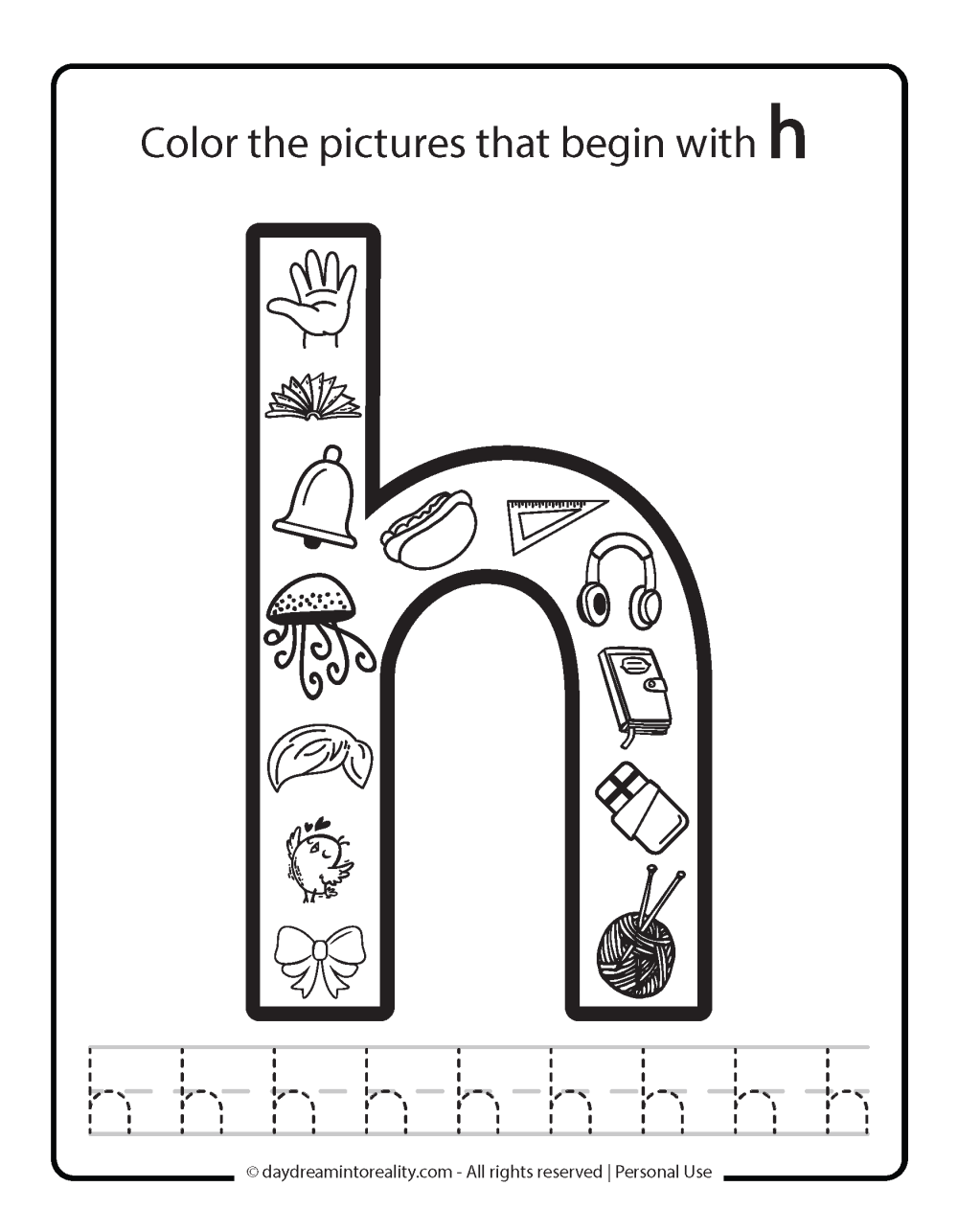 Color the picture that starts with the letter "h (lowercase)" Beginning Alphabet Sounds Worksheet Free Printable