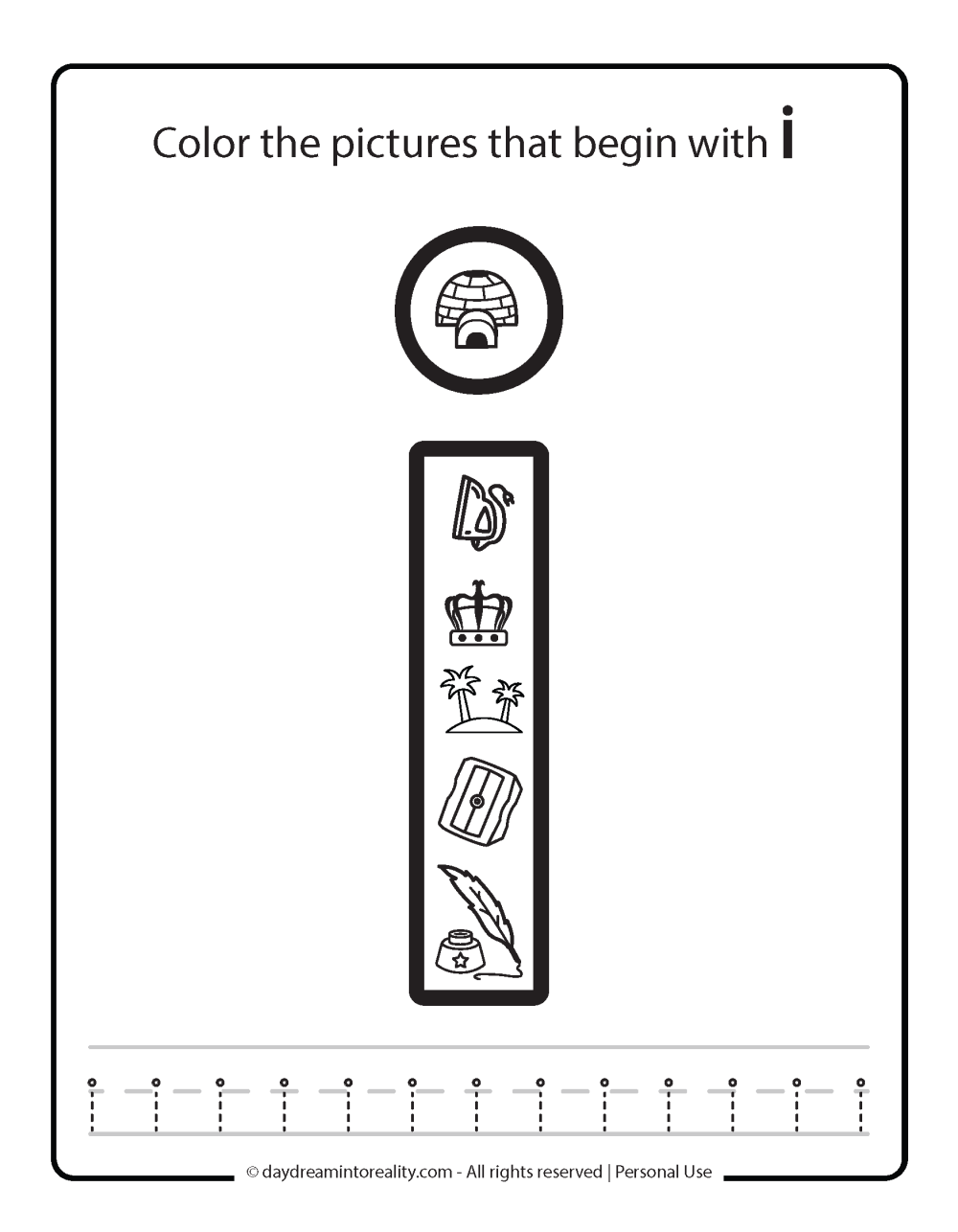 Color the picture that starts with the letter "i (lowercase)" Beginning Alphabet Sounds Worksheet Free Printable