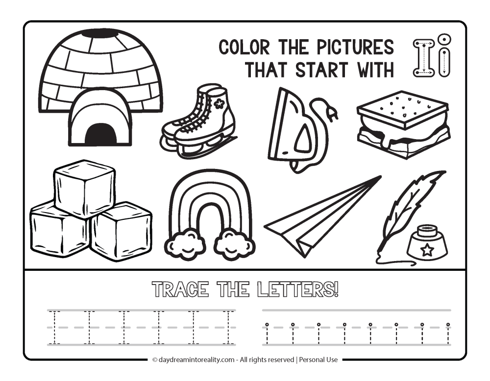 Color the picture that starts with the letter "i" Beginning Alphabet Sounds Worksheet Free Printable