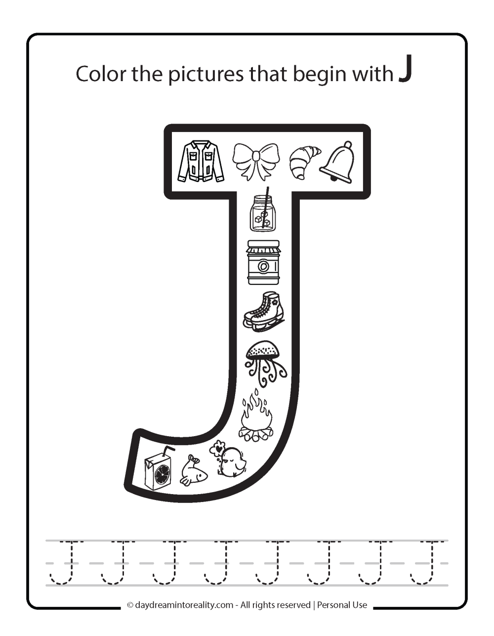 Color the picture that starts with the letter "J (uppercase)" Beginning Alphabet Sounds Worksheet Free Printable