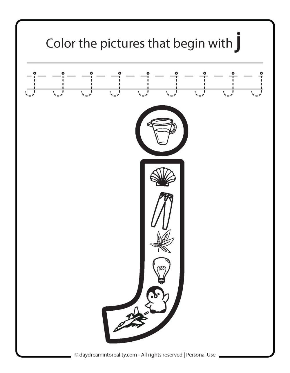 Color the picture that starts with the letter "j (lowercase)" Beginning Alphabet Sounds Worksheet Free Printable