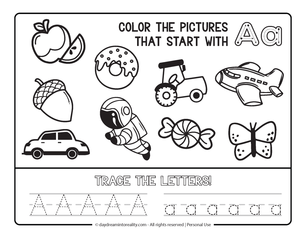 Color the picture that starts with the letter "A" Beginning Alphabet Sounds Worksheet Free Printable