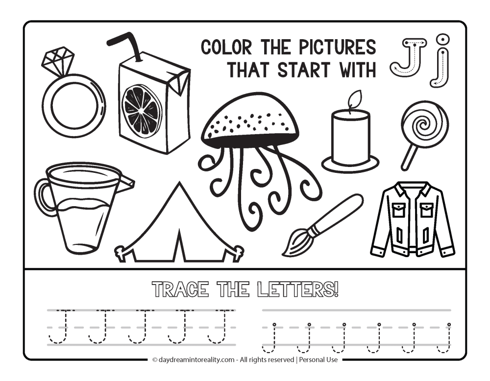 Color the picture that starts with the letter "j" Beginning Alphabet Sounds Worksheet Free Printable