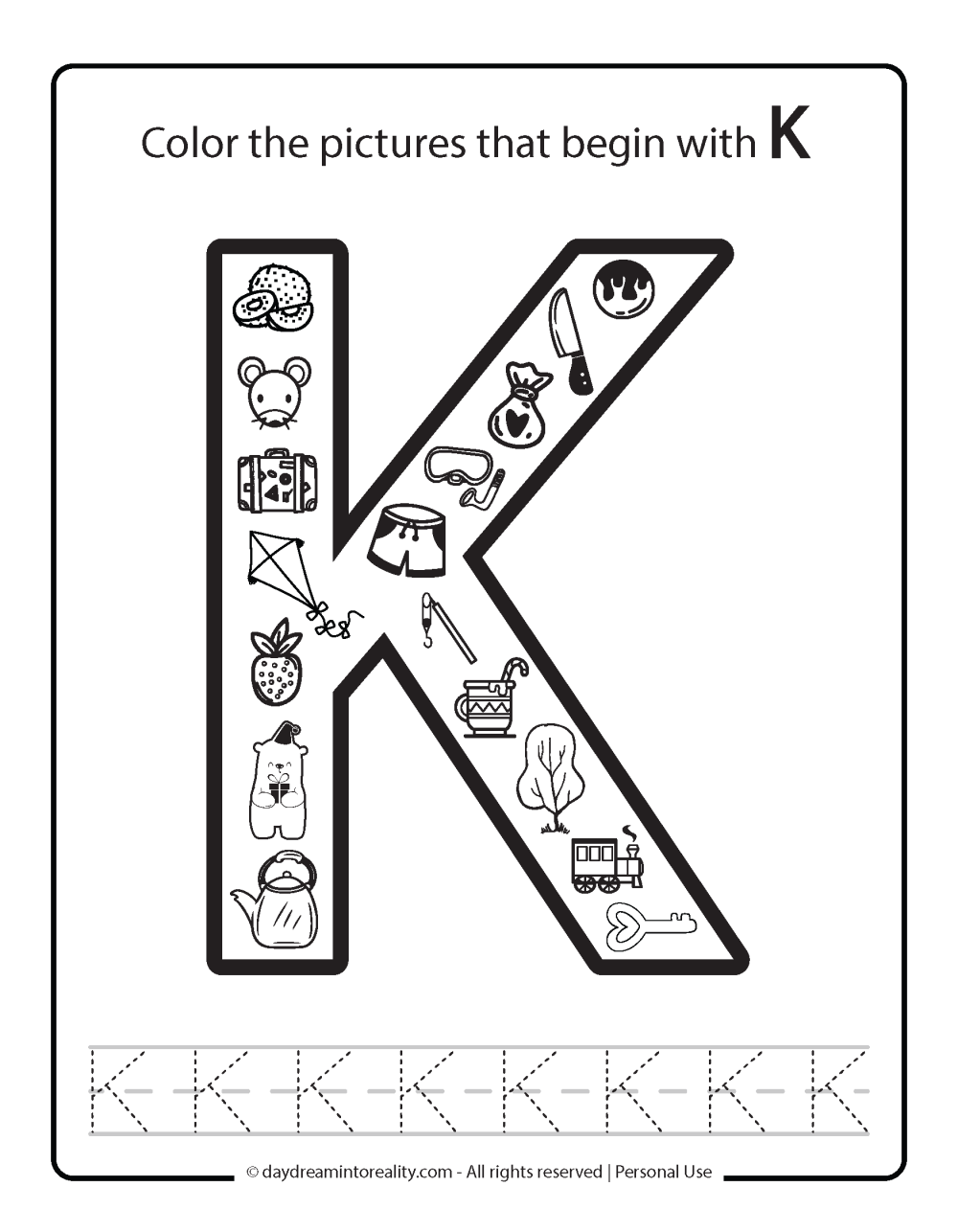 Color the picture that starts with the letter "K (uppercase)" Beginning Alphabet Sounds Worksheet Free Printable