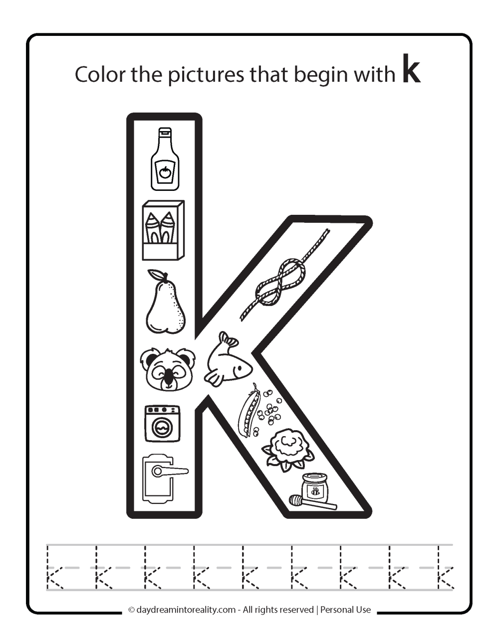 Color the picture that starts with the letter "k (lowercase)" Beginning Alphabet Sounds Worksheet Free Printable