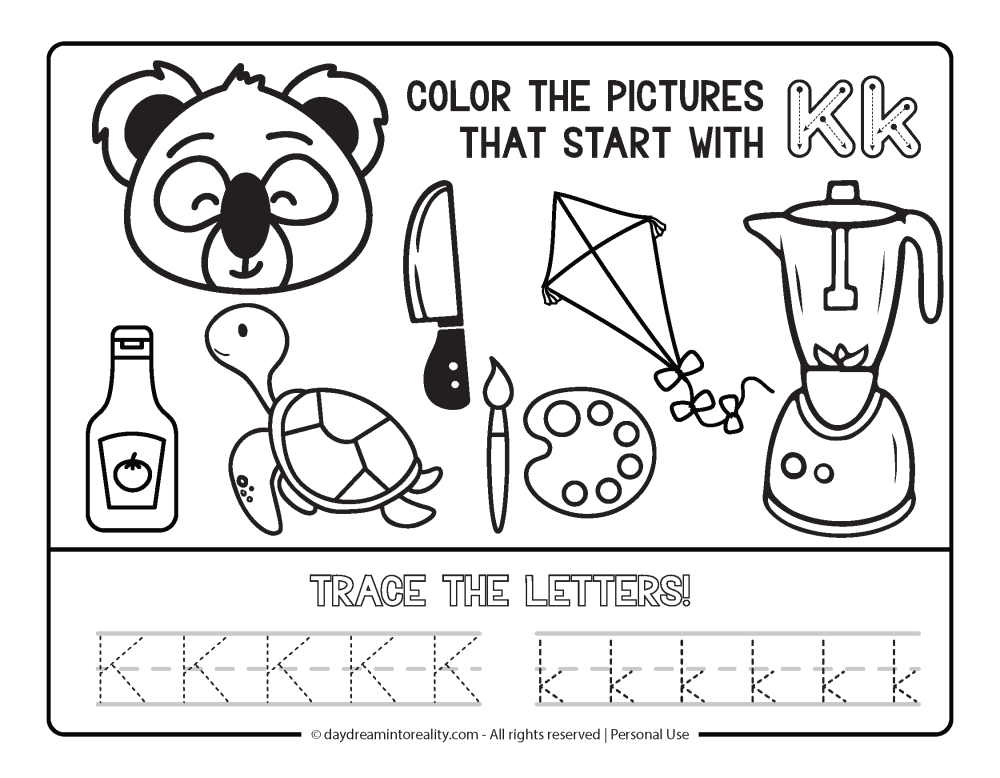 Color the picture that starts with the letter "k" Beginning Alphabet Sounds Worksheet Free Printable