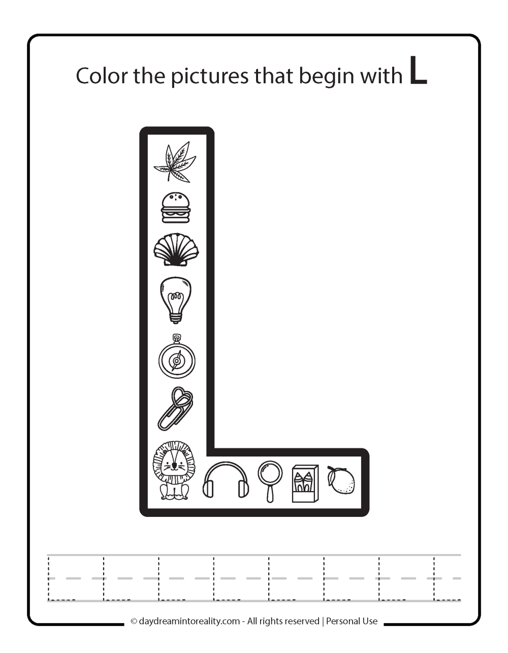 Color the picture that starts with the letter "L (uppercase)" Beginning Alphabet Sounds Worksheet Free Printable