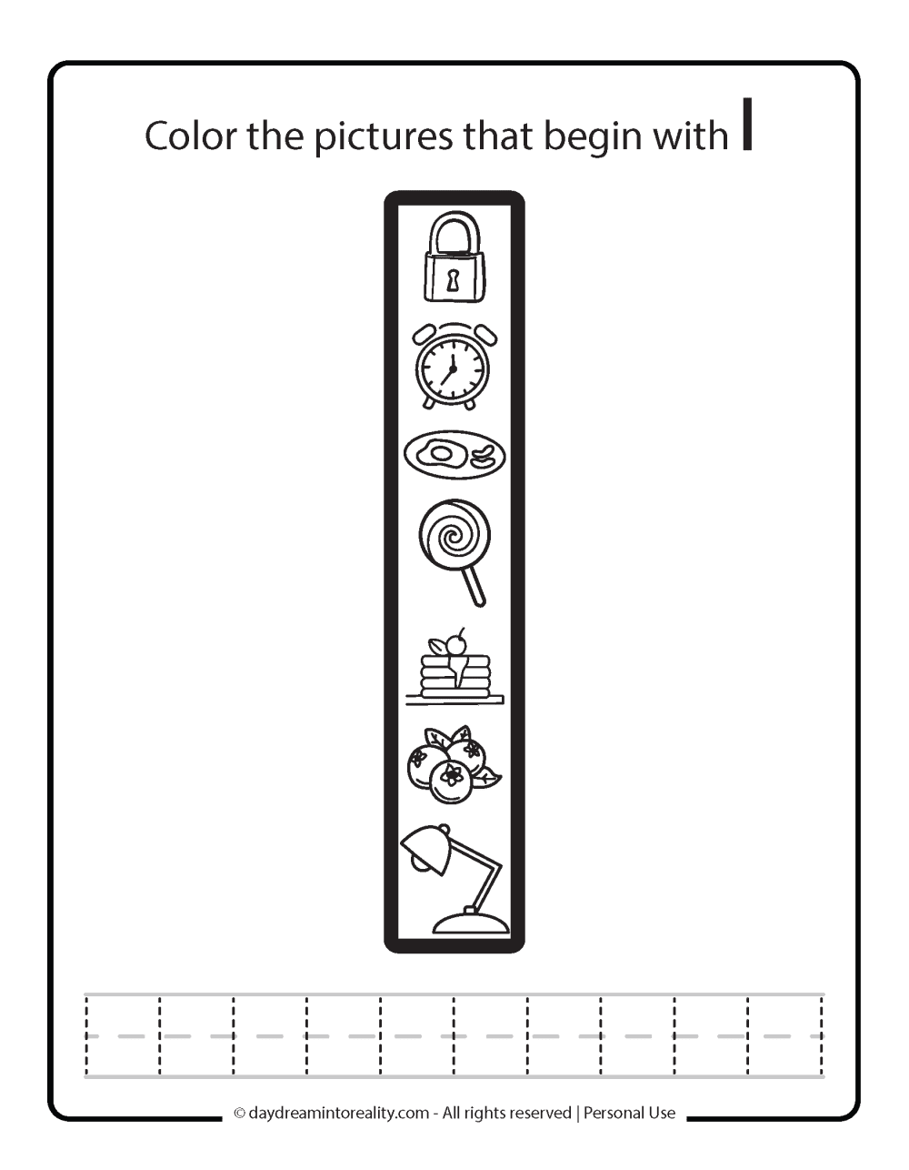 Color the picture that starts with the letter "l (lowercase)" Beginning Alphabet Sounds Worksheet Free Printable