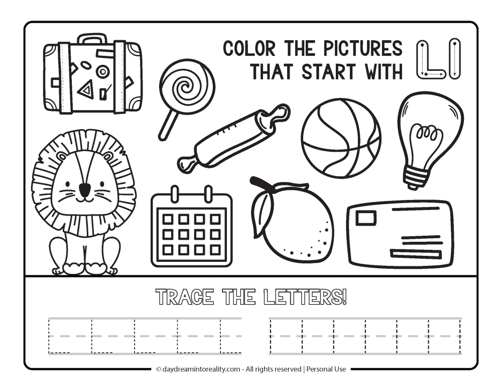 Color the picture that starts with the letter "l" Beginning Alphabet Sounds Worksheet Free Printable