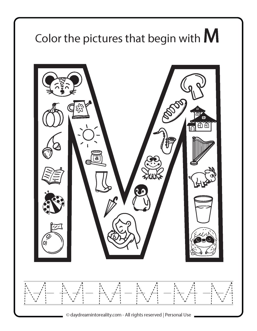 Color the picture that starts with the letter "M (uppercase)" Beginning Alphabet Sounds Worksheet Free Printable