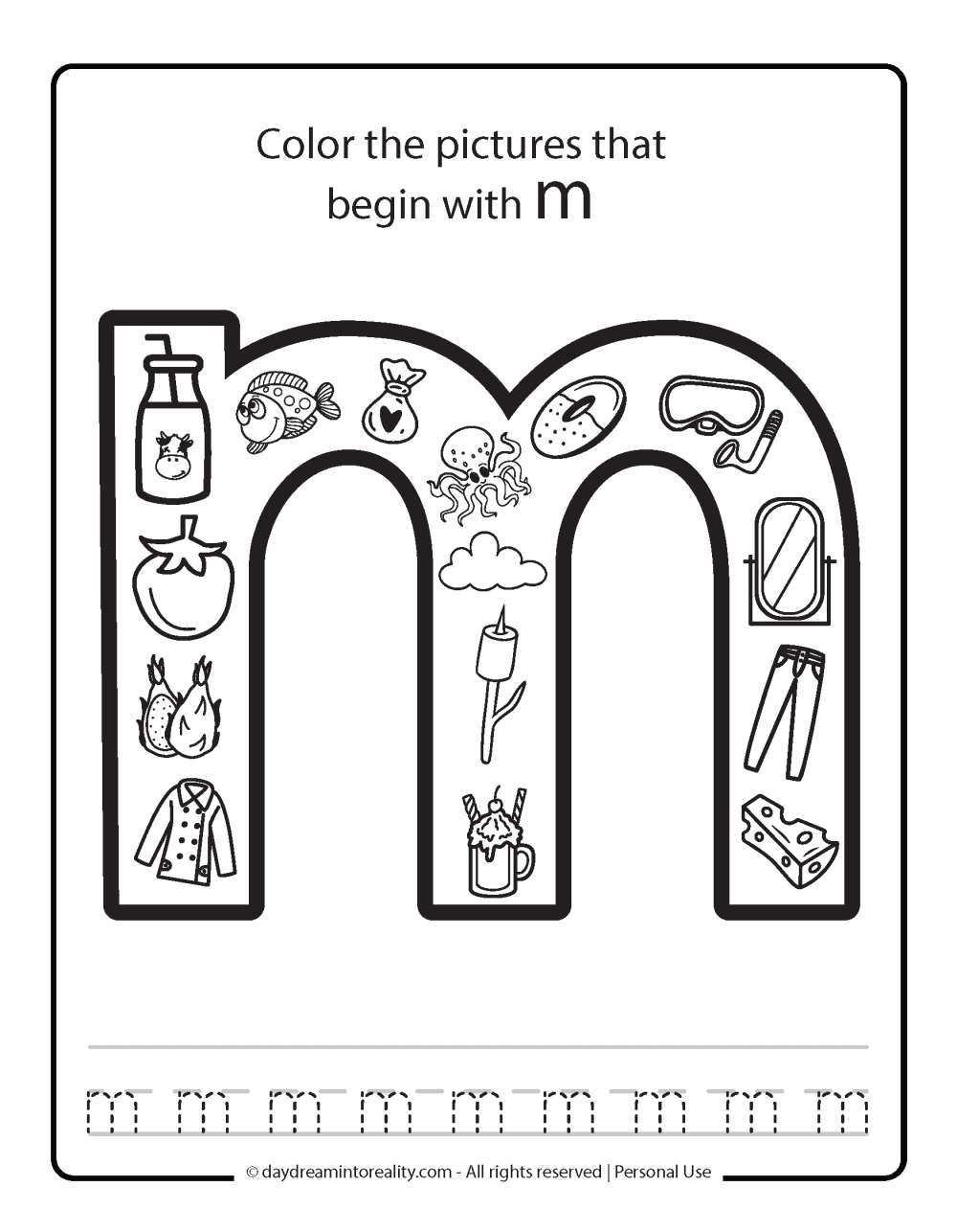 Color the picture that starts with the letter "m (lowercase)" Beginning Alphabet Sounds Worksheet Free Printable