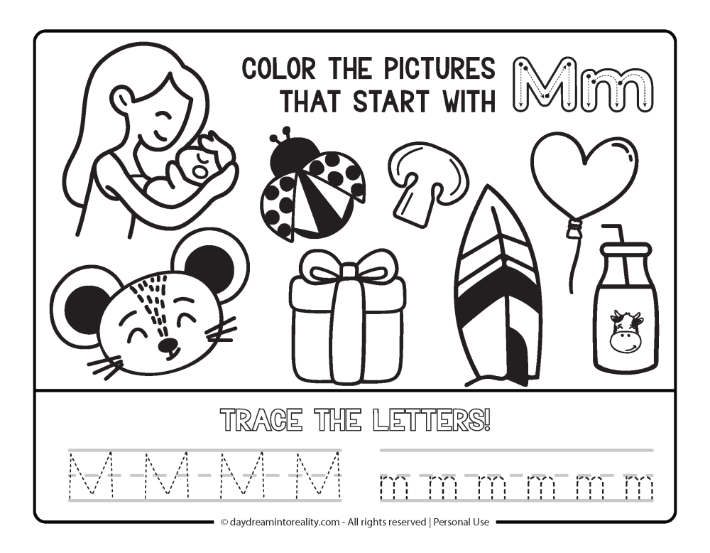 Color the picture that starts with the letter "m" Beginning Alphabet Sounds Worksheet Free Printable