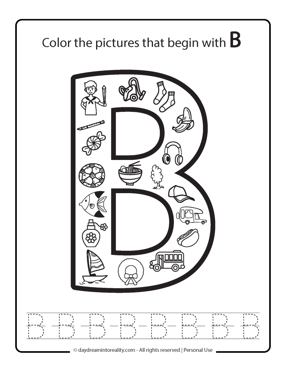 Color the picture that starts with the letter "B (uppercase)" Beginning Alphabet Sounds Worksheet Free Printable