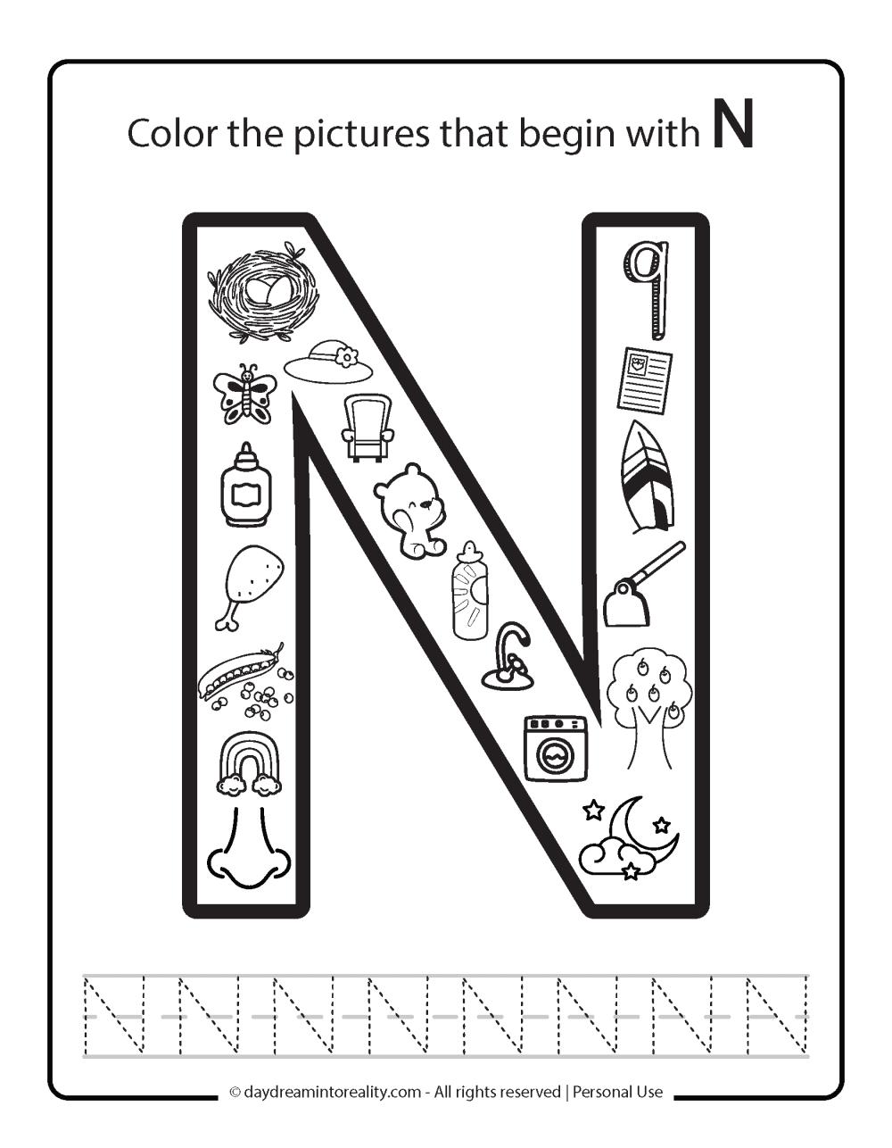 Color the picture that starts with the letter "N (uppercase)" Beginning Alphabet Sounds Worksheet Free Printable