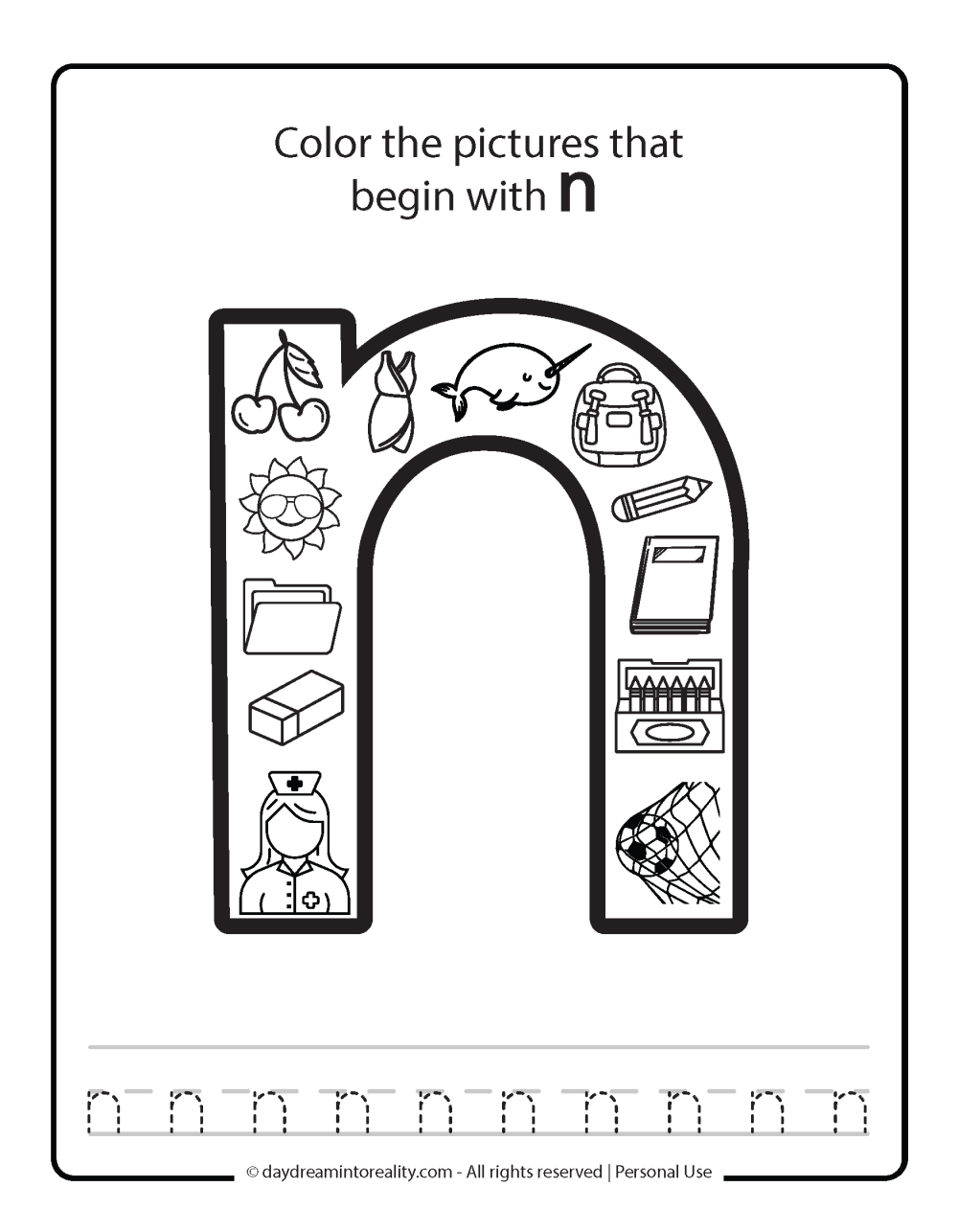 Color the picture that starts with the letter "n (lowercase)" Beginning Alphabet Sounds Worksheet Free Printable