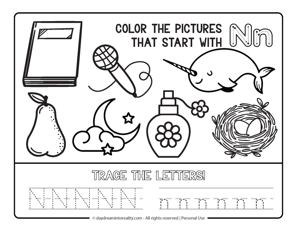 Color the picture that starts with the letter "n" Beginning Alphabet Sounds Worksheet Free Printable