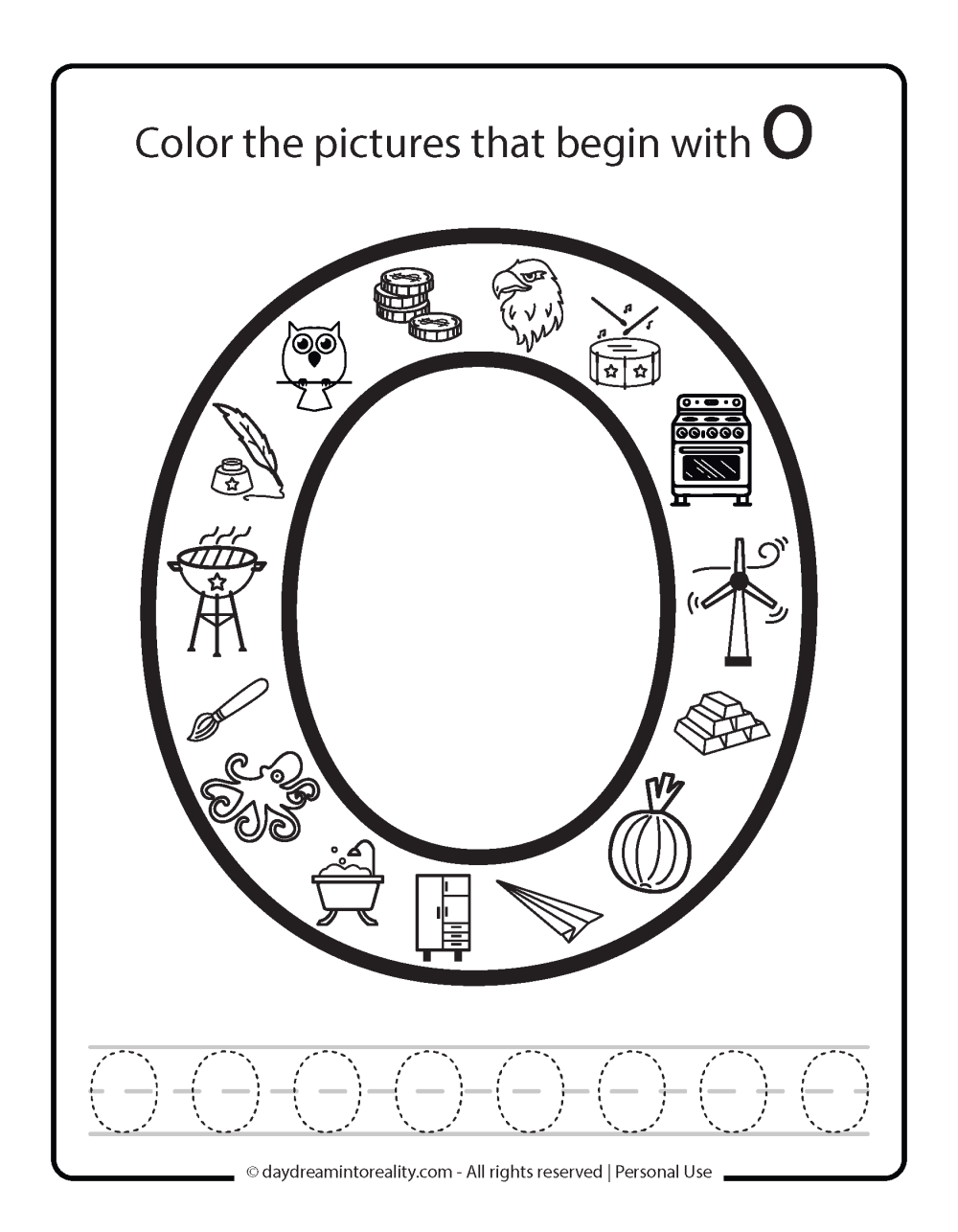 Color the picture that starts with the letter "O (uppercase)" Beginning Alphabet Sounds Worksheet Free Printable