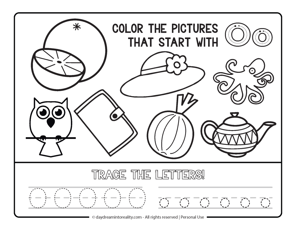 Color the picture that starts with the letter "o" Beginning Alphabet Sounds Worksheet Free Printable